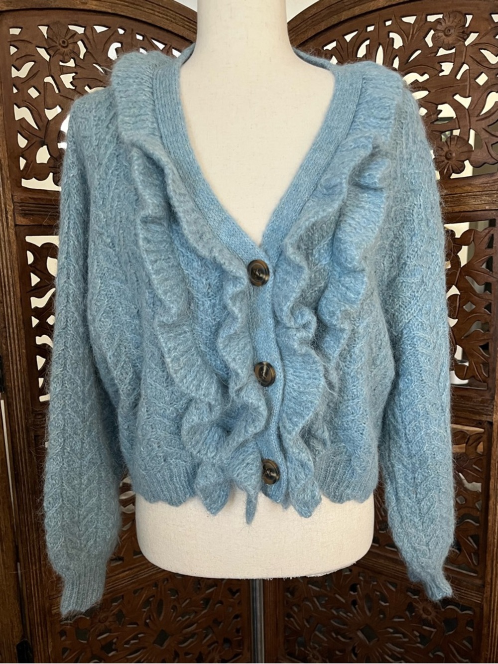 Zara Light Blue Ruffle-Front V-Neck Button Alpaca Blend Cardigan Women’s M